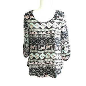 Wishful parks Long Sleeve Black Pink Elephant Floral print  Tunic top. Sz M